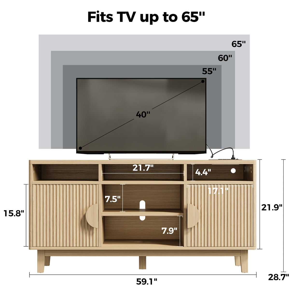 IRONCK TV Stand for 65 Inch TV, 59 Inch Entertainment Center with Storage and Charging Station, Modern Media Console with 3 Adjustable Shelf, Fluted Doors Design, Natural Oak IRONCK