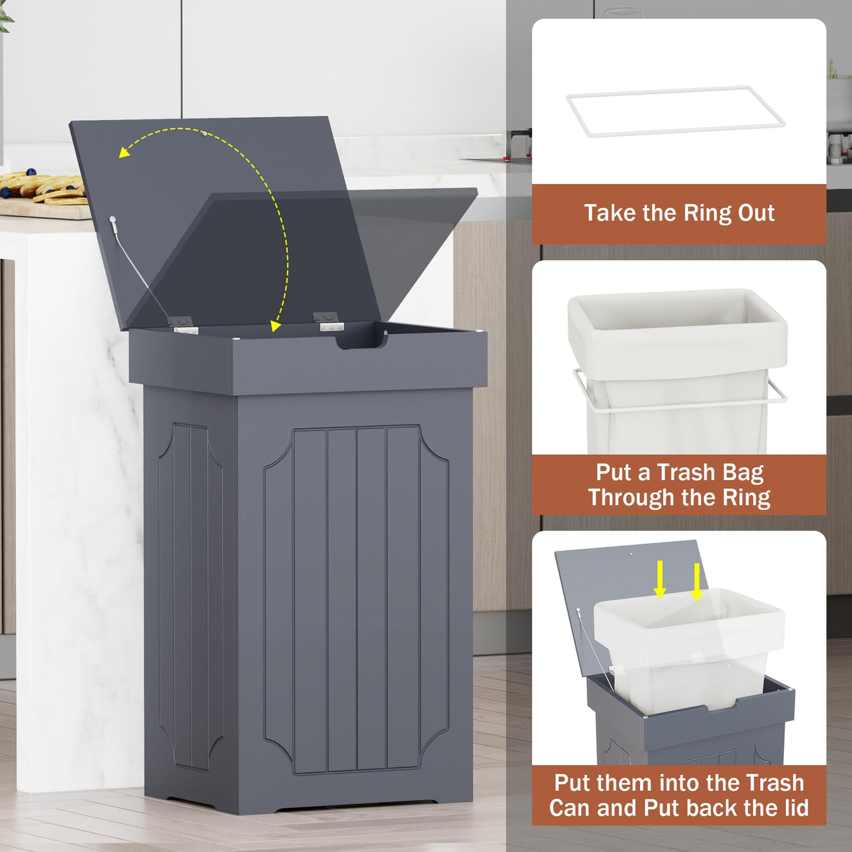 Function Home Trash Can Cabinet, 13 Gallon Kitchen Garbage Can, Wooden Recycling Trash Bin, Freestanding Dog Proof Trash Can, Farmhouse Trash Cabinet with Lid for Home Kitchen Bedroom, Grey Function Home