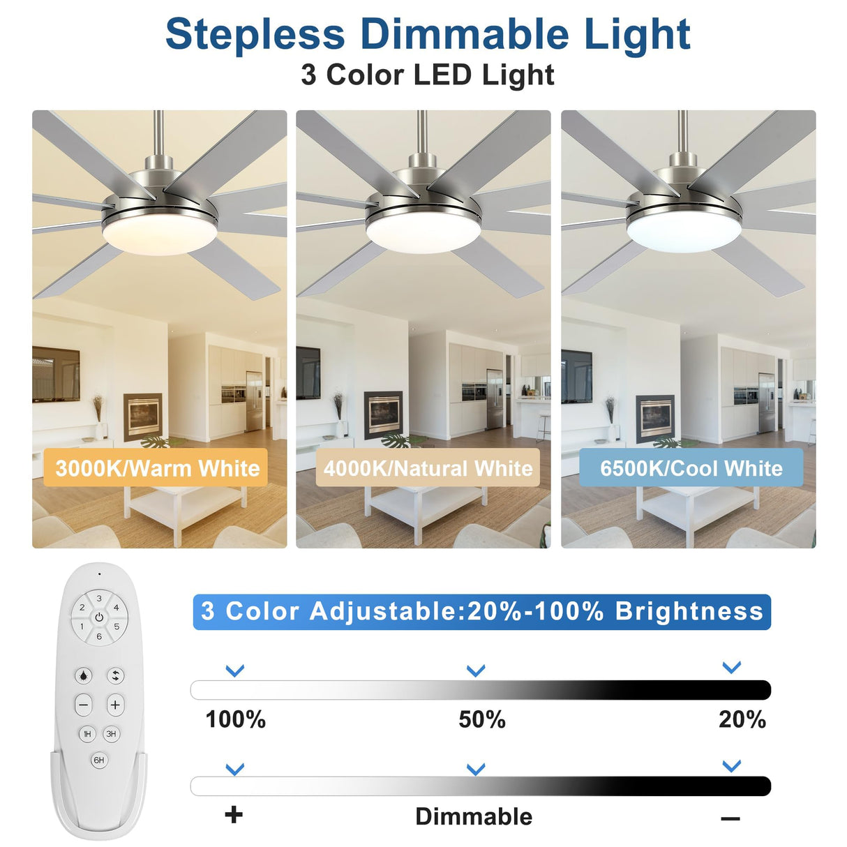 72 Inch Large Ceiling Fans with Lights and Remote, Modern Brushed Nickel Ceiling Fan for Indoor or Outdoor Patio, 6 Speed, Reversible, DC Motor, Timer, 3 CCT, Dimmable putroad