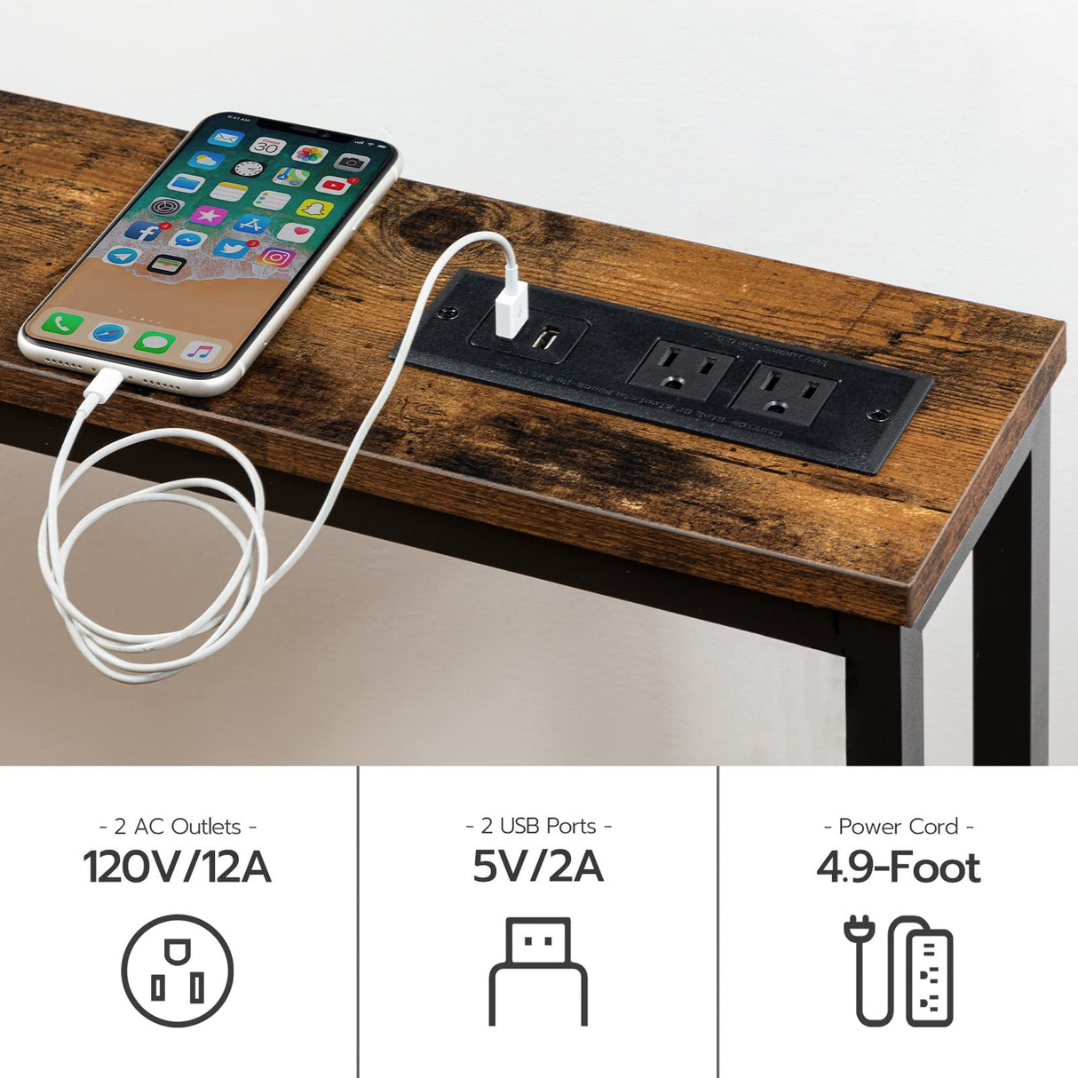 HOOBRO 47.2" Skinny Console Table with Power Outlets and USB Ports, Table with Charging Station, Narrow Sofa Table, Behind Couch Table, for Entryway, Hallway, Foyer, Rustic Brown BF15XG01G1 HOOBRO