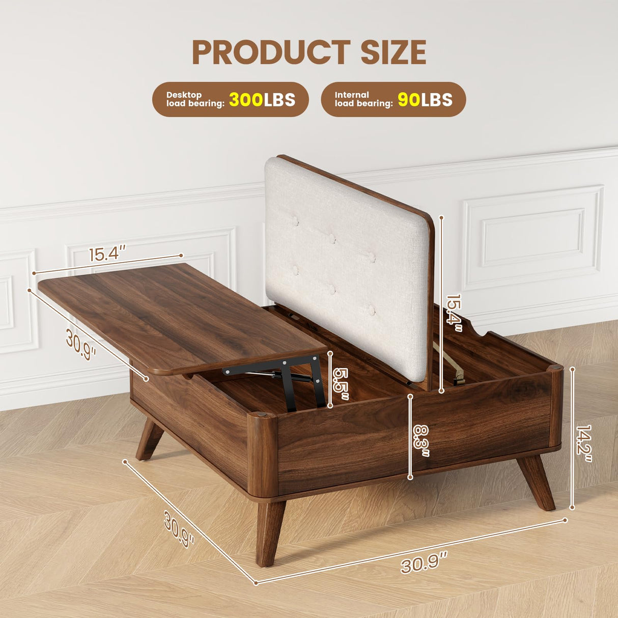 VOPEAK Lift Top Coffee Table with Storage, Large Square Coffee Table with Thickened Cushion, Family Gathering Center Table, Modern Wooden Coffee Tables for Living Room, Solid Wood Legs, Walnut VOPEAK