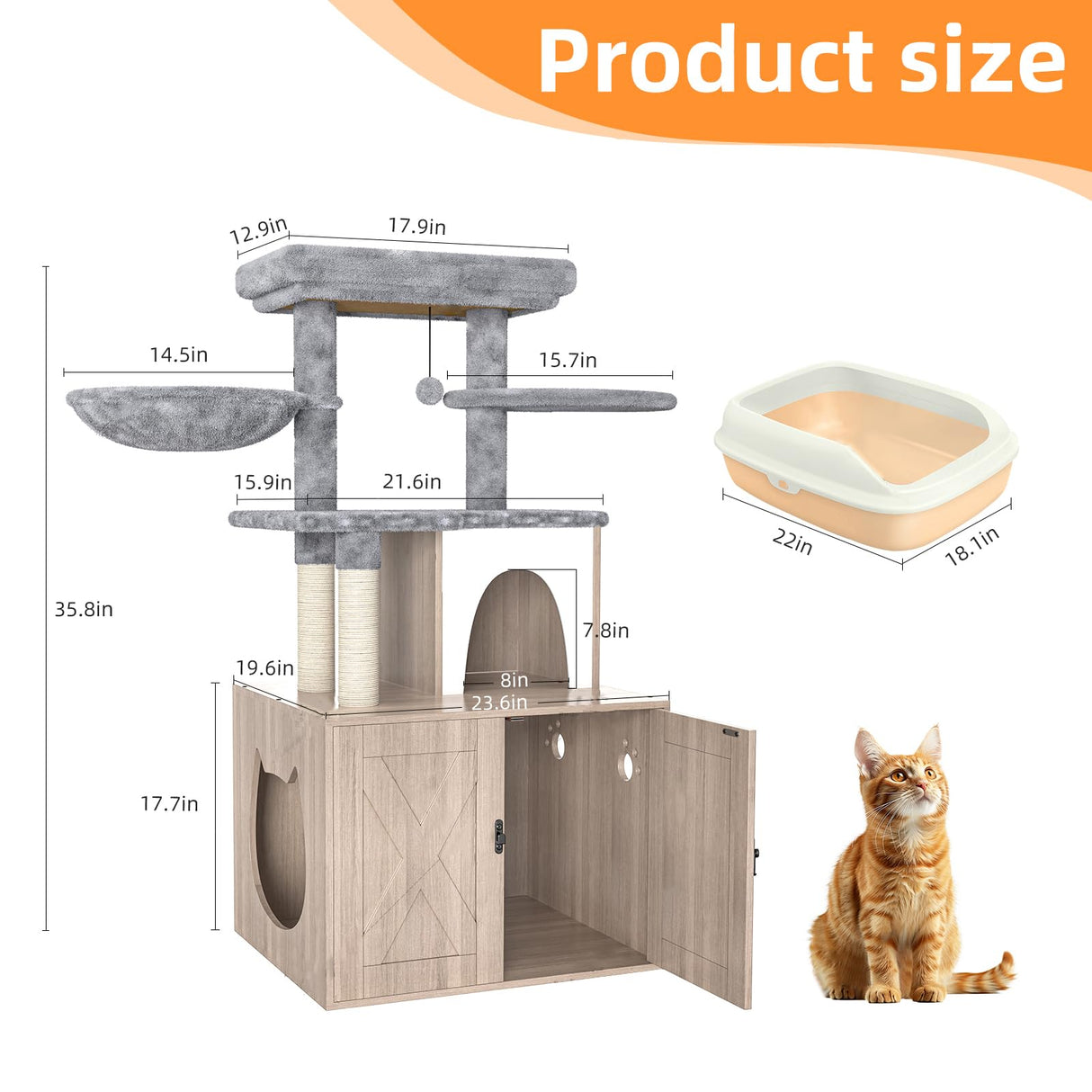 HavenlyYouth Litter Box Enclosure with Cat Tree,Cat Tree with Litter Box Enclosure,Hidden Pet Washroom Furniture with Sisal Scratching Post,Hammocks,Condo,Multiple Platform,Soft Plush Perch, Grey HavenlyYouth