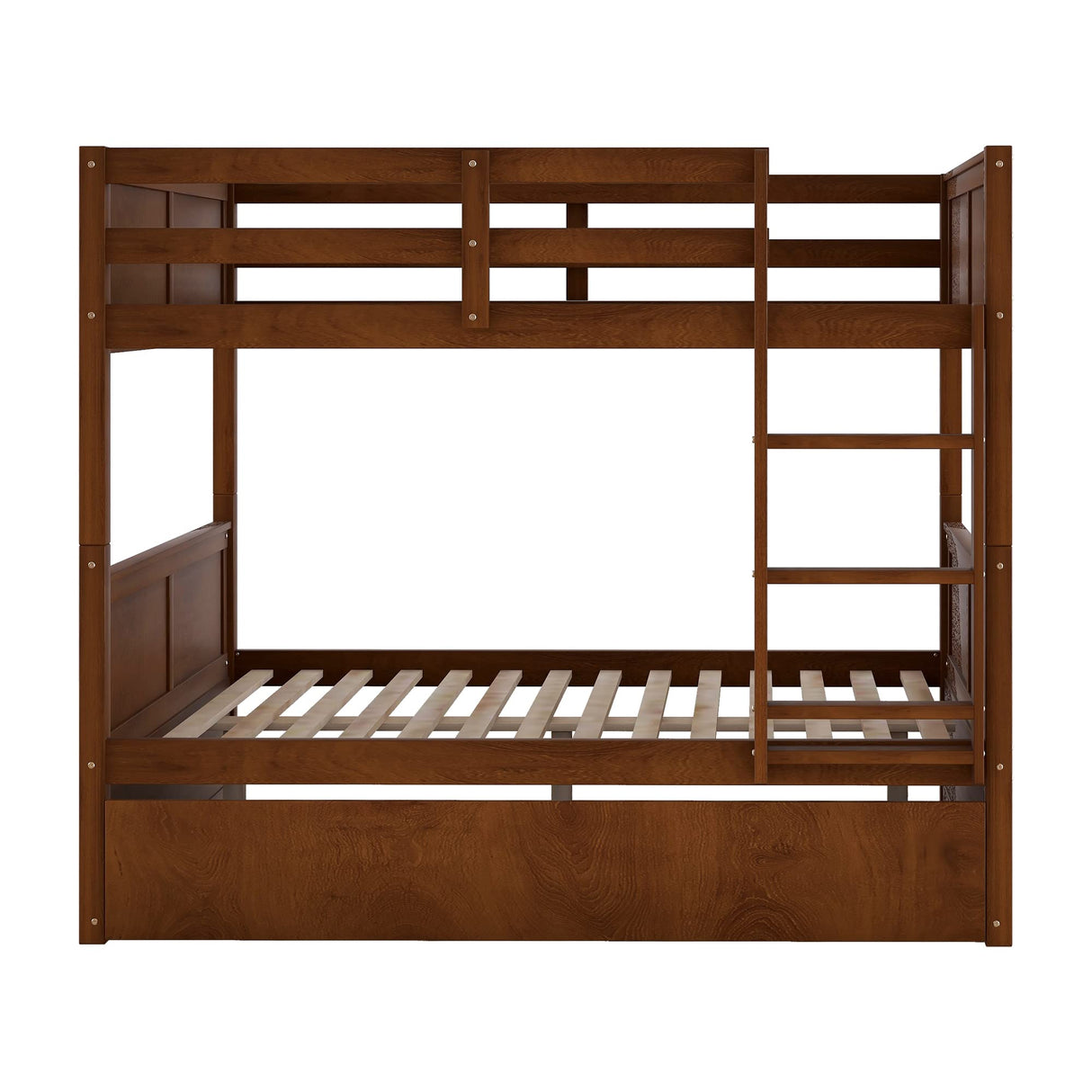 Merax Bunk Bed with Trundle, Full-Over-Full Wood Bed Frame No Box Spring Needed for Kids, Boys or Girls, Walnut Merax
