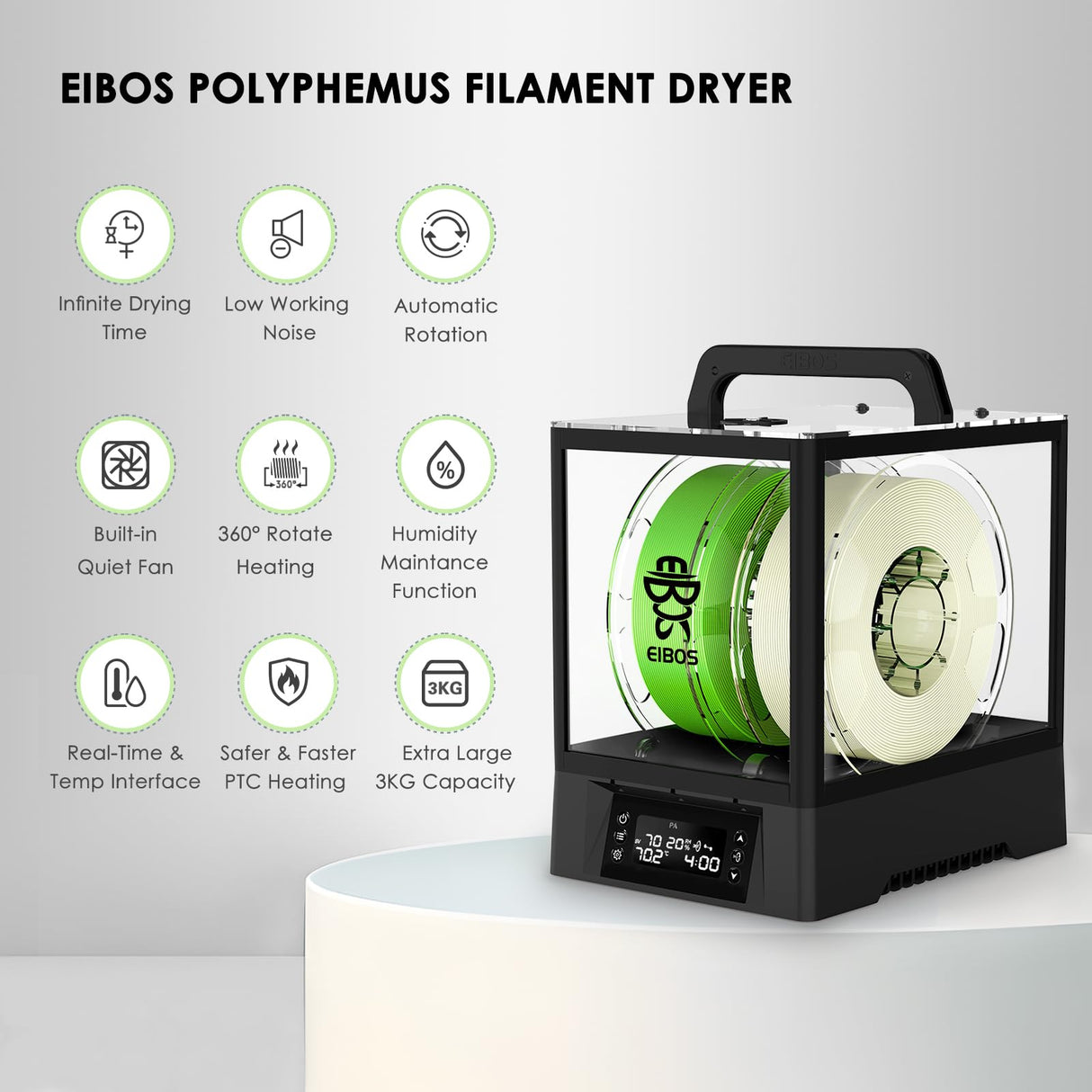 【EIBOS Official 】3D Printer Filament Dryer Box Polyphemus with Fan, Auto-Rotation, Auto-Humidity Control & Extra Large Space for 3KG Spools, 1.75mm 2.85mm 3.00mm Nylon, PLA, TPU, 360° Surround Heating EIBOS