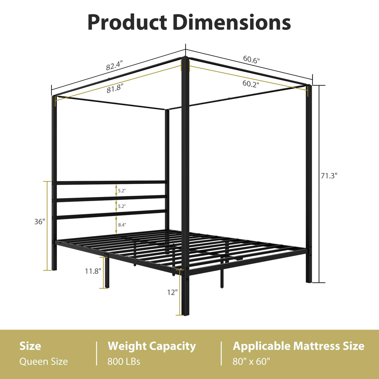 Nouva 14 Inch Metal Canopy Bed Frame Queen Size - Heavy Duty Metal Four Posters Bed Platform w/Headboard No Box Spring Needed, Slat Mattress Support,Noise Free, Black Nouva