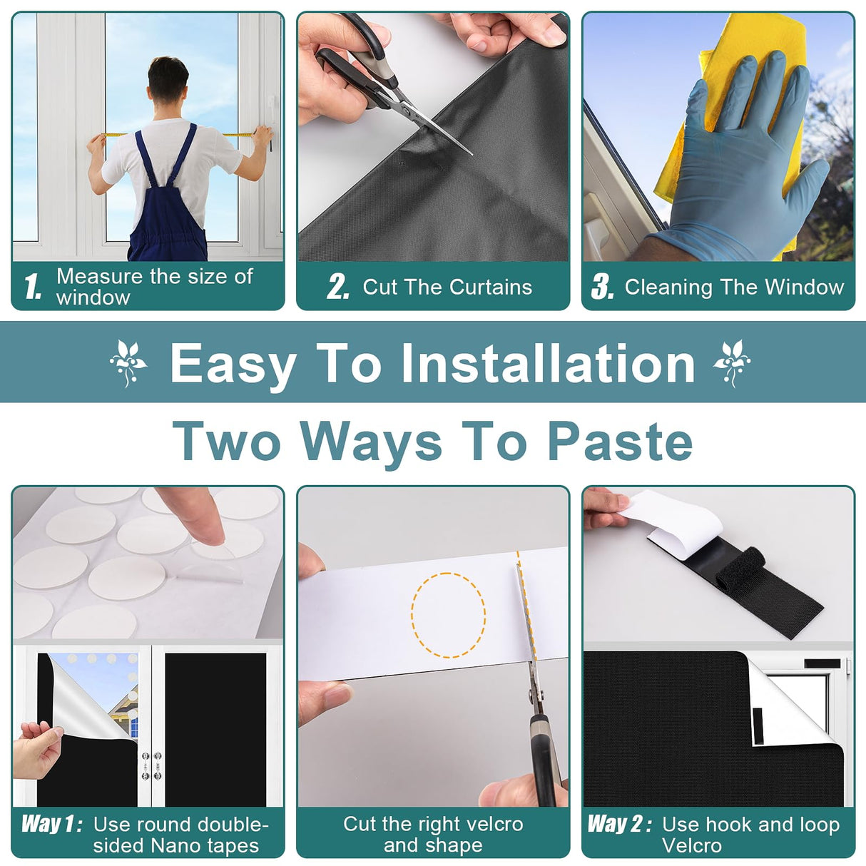 AUYAARS 100% Blackout Curtains 118"x57" Portable No Drill Window Shades for Bedroom, Nursery, RV, Dorm Room, Travel, Temporary Blackout Blinds with Stickers & Tabs, DIY Window Cover (Black) AUYAARS