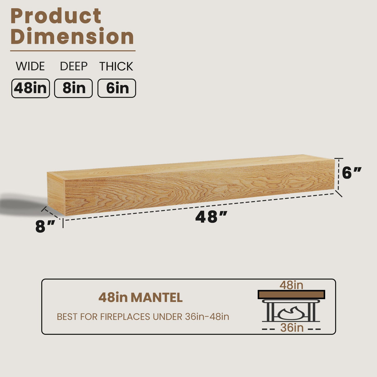Heimlove Fireplace Mantel 48 Inch,Floating Fireplace Mantel Wood Shelf,Wall Mounted Rustic Wood Display Shelf for Home Decor,Rustic Traditional,Farmhouse Fireplace Mantel Shelves | 48"x 8"x 6"-Natural Heimlove