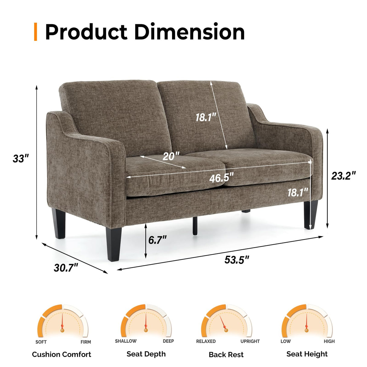 VINGLI 53" Love Seat Couches, 2 Seater Loveseat Mid Century Modern Sofa Couch Soft Chenille with Scooped Armrest for Small Spaces, Living Room, Dorm, Bedroom, Apartment VINGLI