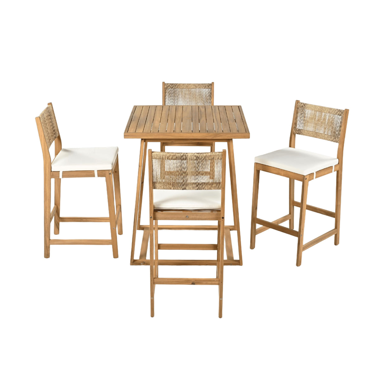 Merax 5 Pieces Acacia Wood Outdoor Patio Bar Set with Modern Boho Bar Height Chair Bar Table, 4 Bar Chairs with Soft Seat Cushions, Rattan Dining Bar Set for Garden, Backyard, Poolside and Balcony Merax