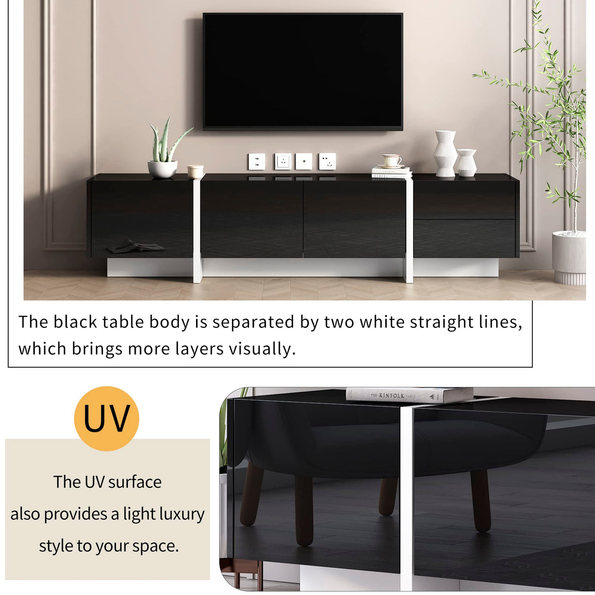 Merax Contemporary Rectangle Design TV Stand for Television Up to 80", Unique Style Console Table, Modern Storage Cabinet with High Gloss UV Surface for Living Room, Black Merax