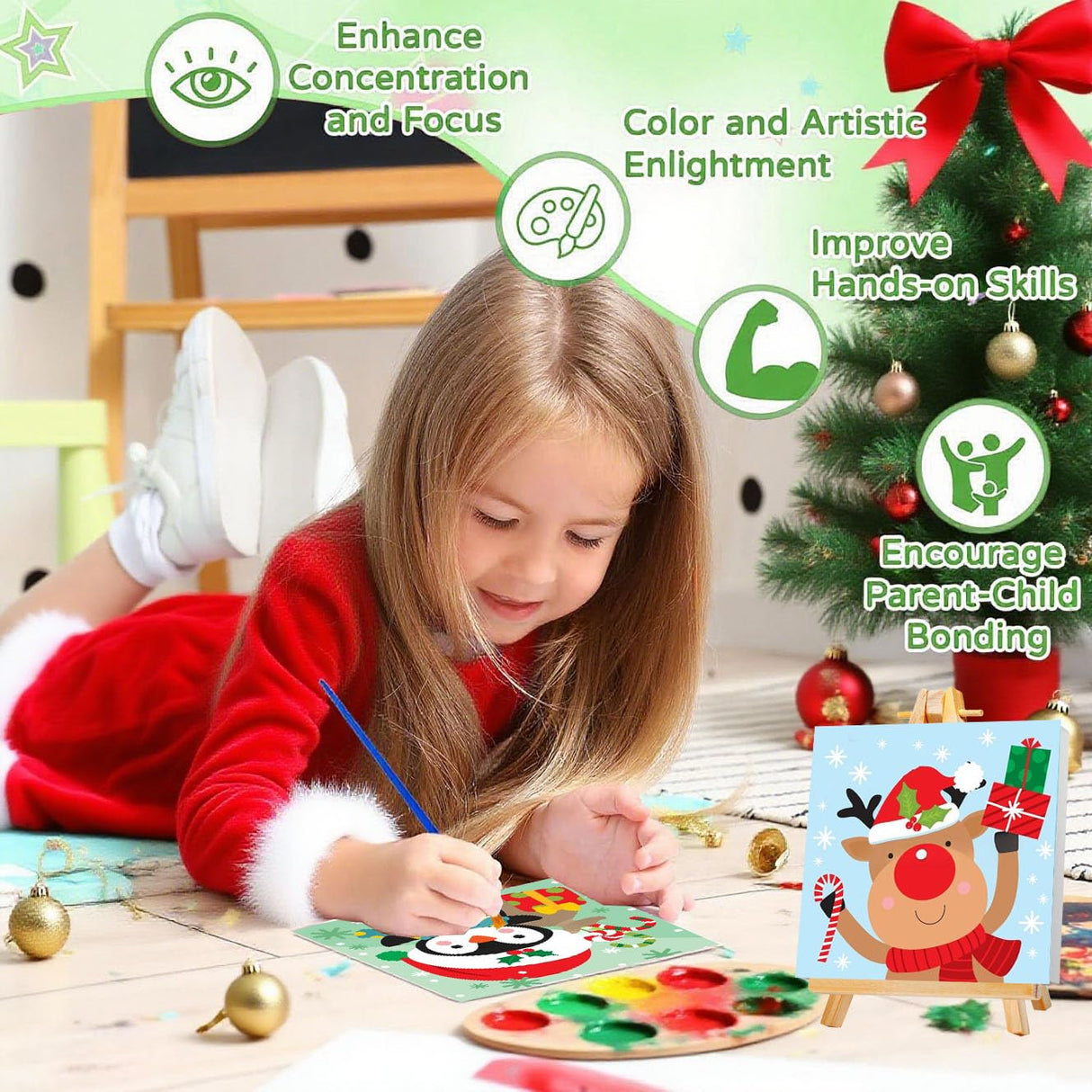 cviokrdu 4 Pack Paint by Numbers Kit for Kids with Frame-Wooden Easel, Christmas Paint by Numbers for Kids Ages 4 8 12, Easy Christmas Acrylic Oil Painting Kits for Home Wall Decoration 8x8 inch cviokrdu