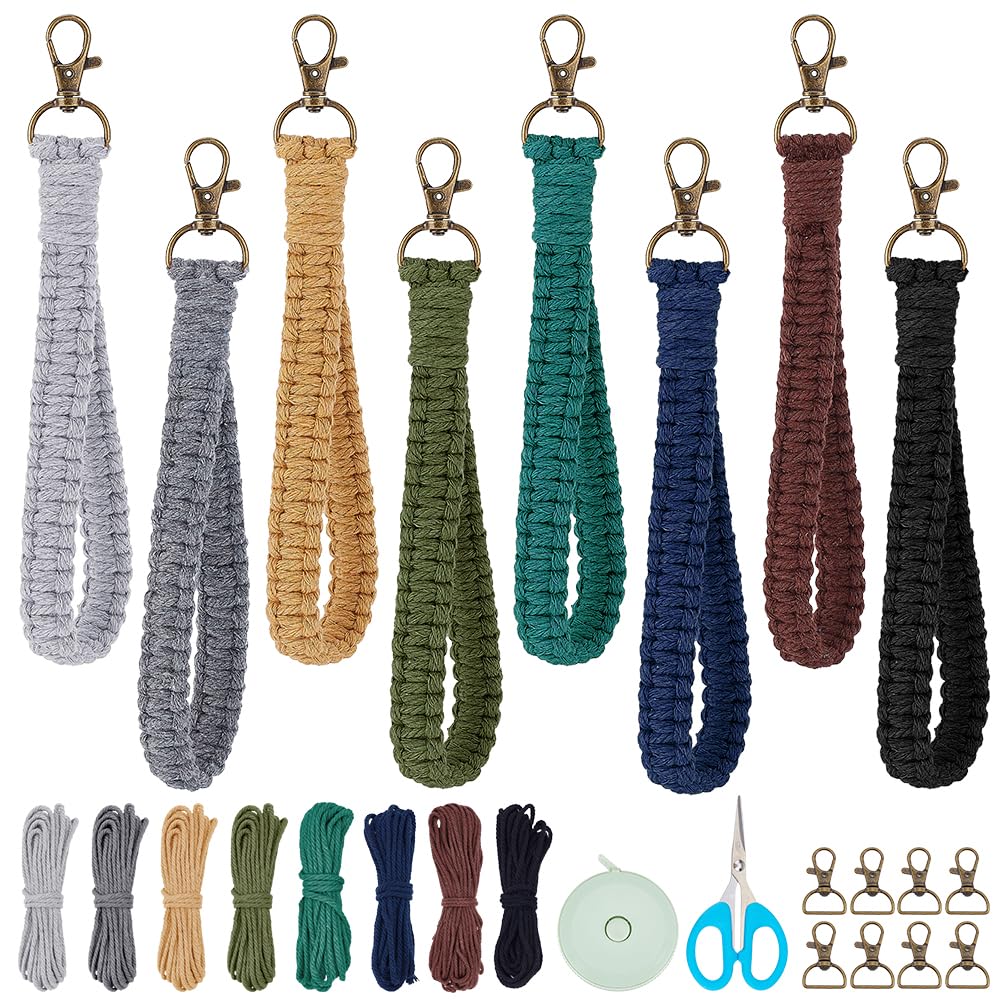 INFUNLY 8 Sets Macrame DIY Wristlet Keychain Kits with Update Instruction Macrame Cord Knotting Kits for Adults Beginners Boho Macrame Keychain Kit Includes Key Rings for Key Gift Macrame Beginners INFUNLY