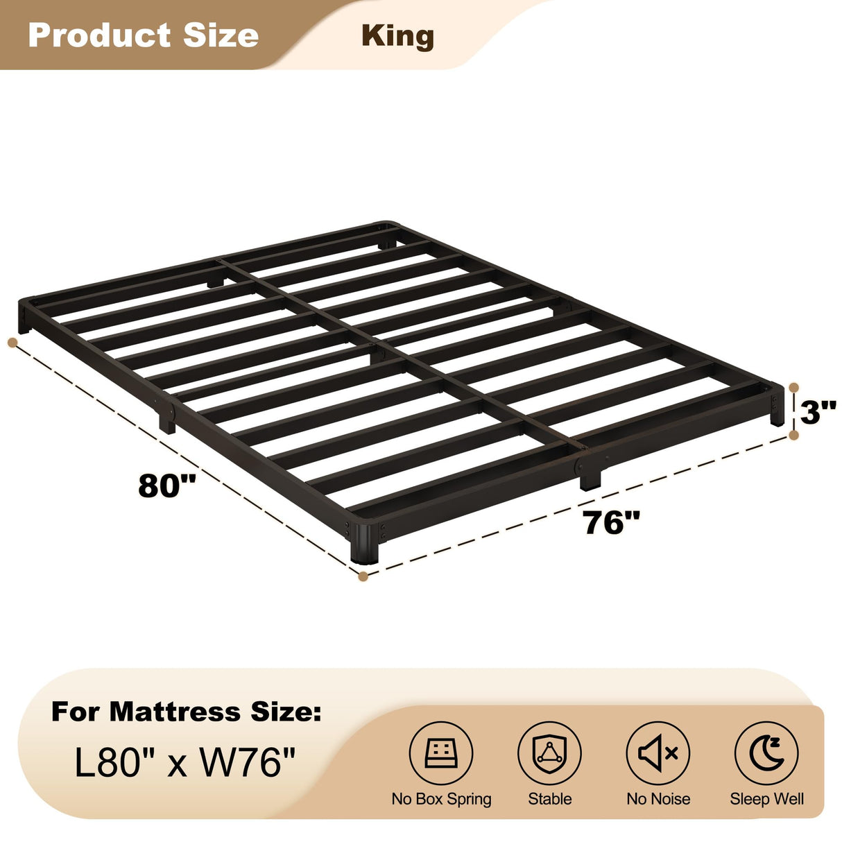 Likelalaso 3 inch Low King Size Bed Frame with Rounded Corner, Heavy Duty Metal, Easy Assembly, Noise Free, Black Likelalaso