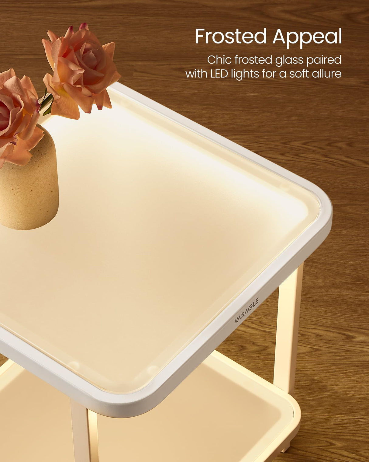 VASAGLE End Table, 2-Tier Side Table with LED Lights, Modern Nightstand, Square Bedside Table, Frosted Glass, Bottom Shelf, for Bedroom, Cloud White and Pearl White ULET232W01 VASAGLE