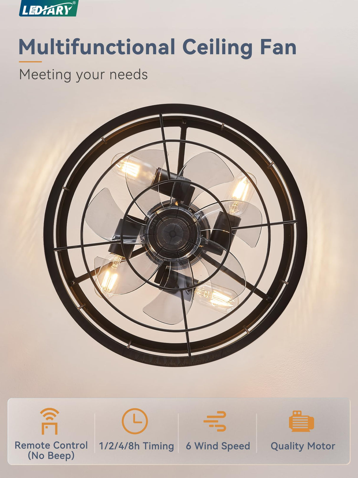 LEDIARY 16.5 inch Black Caged Ceiling Fan with Light, Fandelier Industrial Ceiling Fan with Remote, Farmhouse Fan Lights Ceiling Fixtures for Kitchen, Bedroom, Outdoor(6 Speed, Timing)-Black LEDIARY