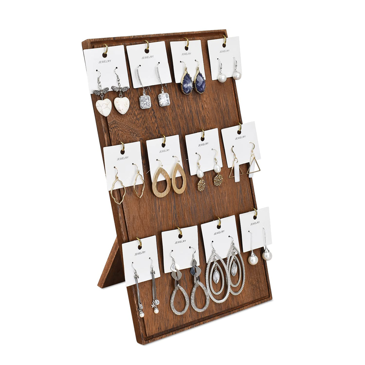 Ikee Design Wooden Jewelry Display Stand with 12 hooks, Earring Display with Hooks, Bracelet, Earring, Keychain Stand for Selling,7.8W x 7.8D x 15.9H in, Brown Color Ikee Design