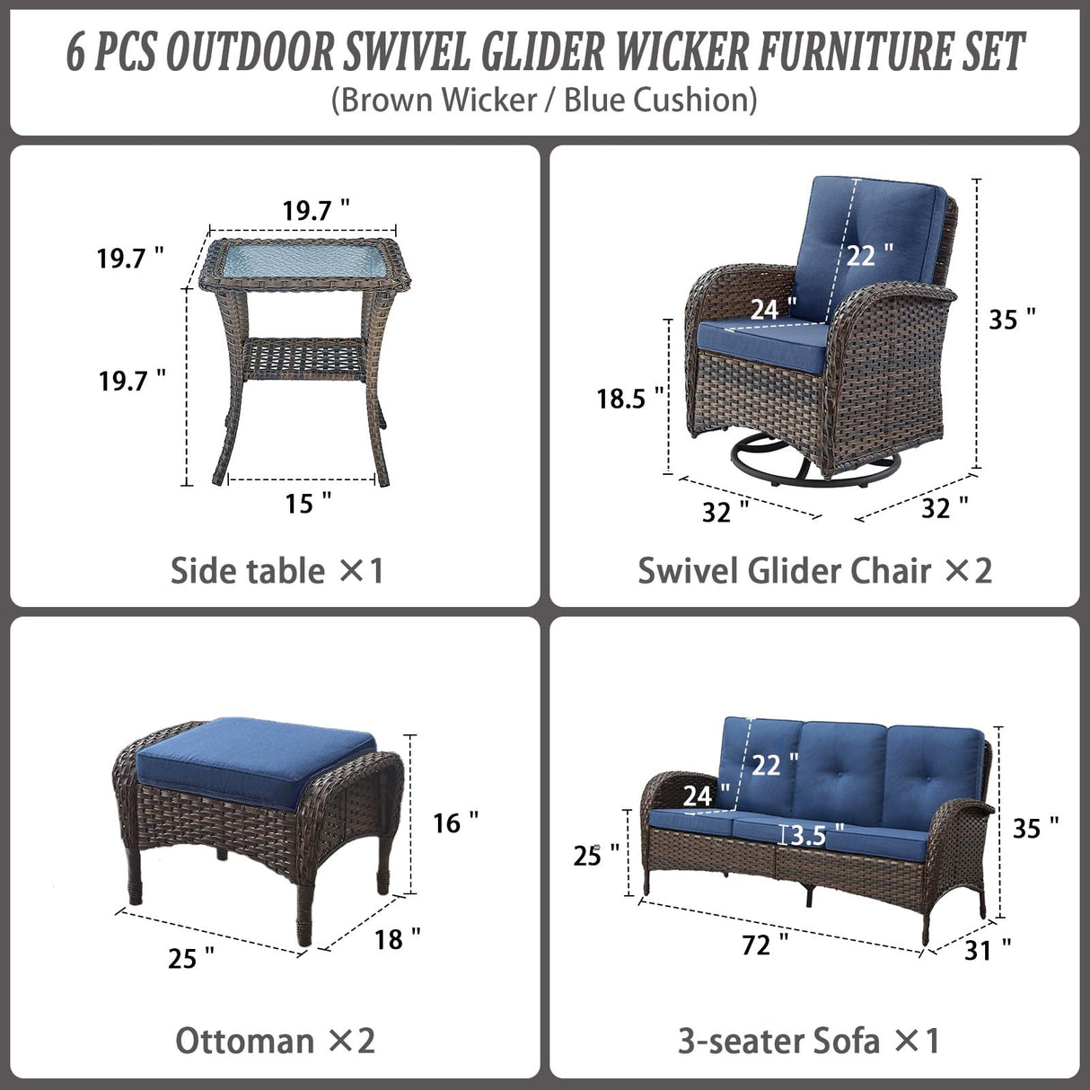 Belord 6 Piece Patio Conversation Sets - Wicker Patio Furniture Sets with Outdoor Swivel Rocker Chairs Outdoor Couch Perfect for Patio Deck Backyard, Brown Wicker Blue Cushion Belord