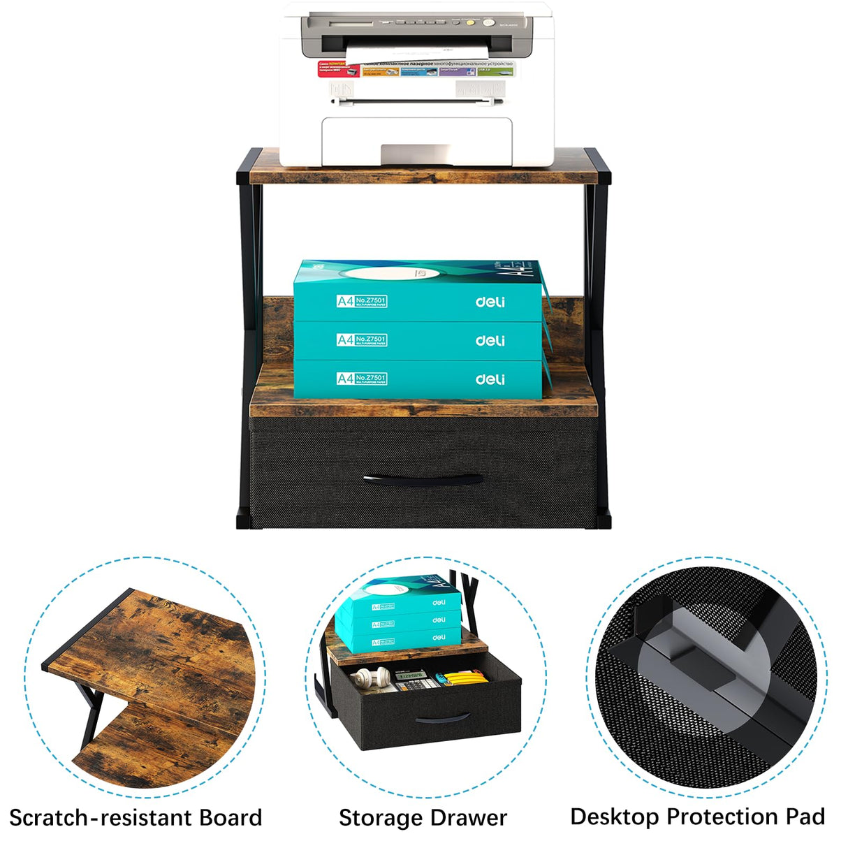 aboxoo Printer Stand for Desk with Storage Drawer, 2 Tier Desktop Or Under Desk Shelf, Multi-Purpose Desk Organizer for Home Office, fit Fax Machine/3D Printer/Scanner, Rustic Brown aboxoo