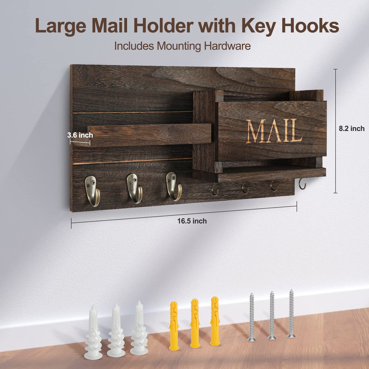 Lwenki Mail Organizer for Wall Mount – Key Holder with Shelf Includes Letter Holder and Hooks for Hallway Farmhouse Decor – Rustic Wood with Flush Mounting Hardware (16.5” x 9.1” x 3.4”) (Brown) Lwenki