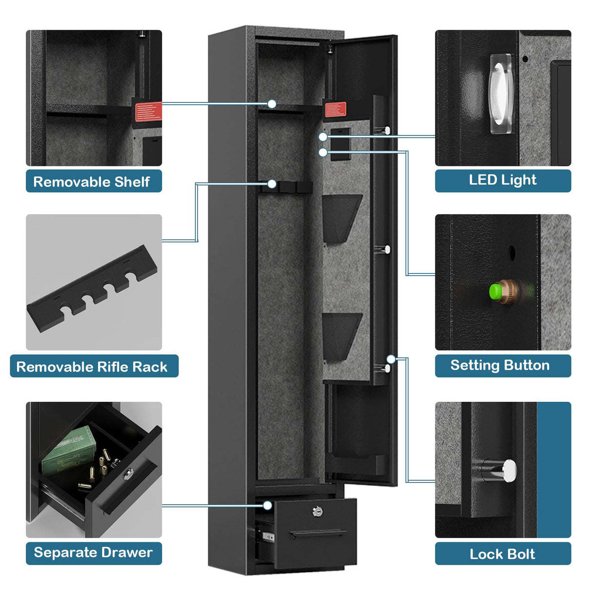 Gun Safe for Rifles and Pistols Gun Safes for 4 Rifles Gun Cabinet for Rifles and Shotguns Steel Rifle Safes for Home Clearance Gun Safe Gun Safes & Cabinets with Drawer Removable Shelf Gun Rack SAPITAL