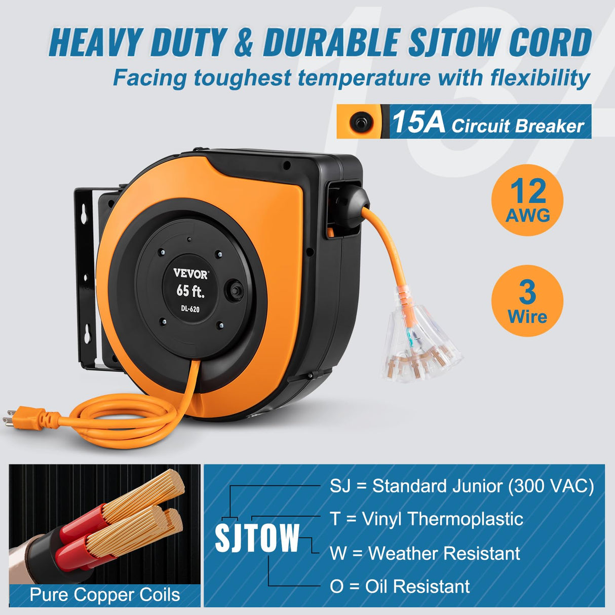 VEVOR Retractable Extension Cord Reel, 65 FT Heavy Duty 12AWG/3C SJTOW Power Cord, with Lighted Triple Tap Outlet, 15 Amp Circuit Breaker, 180° Swivel Bracket for Ceiling or Wall Mount VEVOR