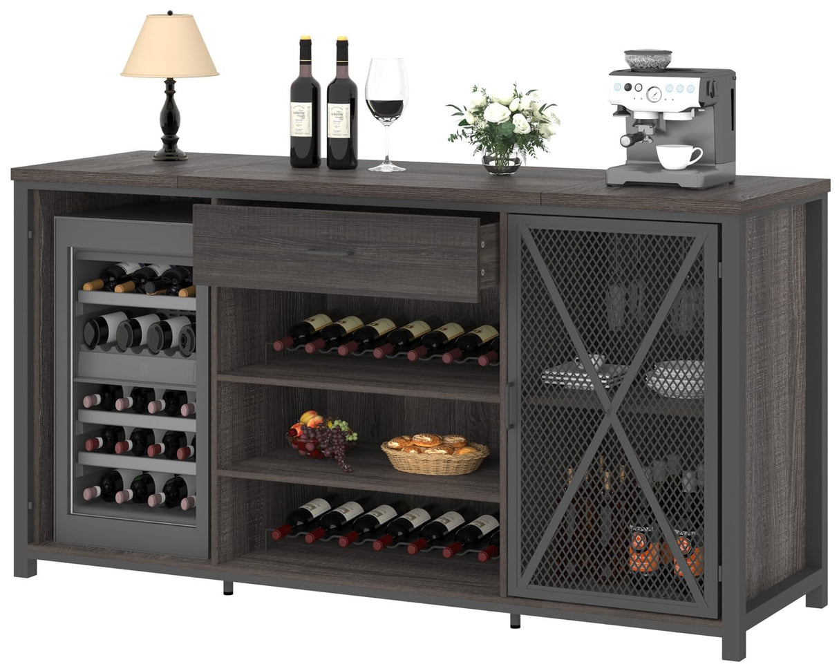 LVB Long Bar Cabinet with Fridge Space, Farmhouse Big Liquor Cabinet with Drawer Storage, Rustic Wood Metal Large Wine Cabinet with Rack, Modern Sideboard Buffet for Kitchen Dining Room, Gray, 70 Inch LVB