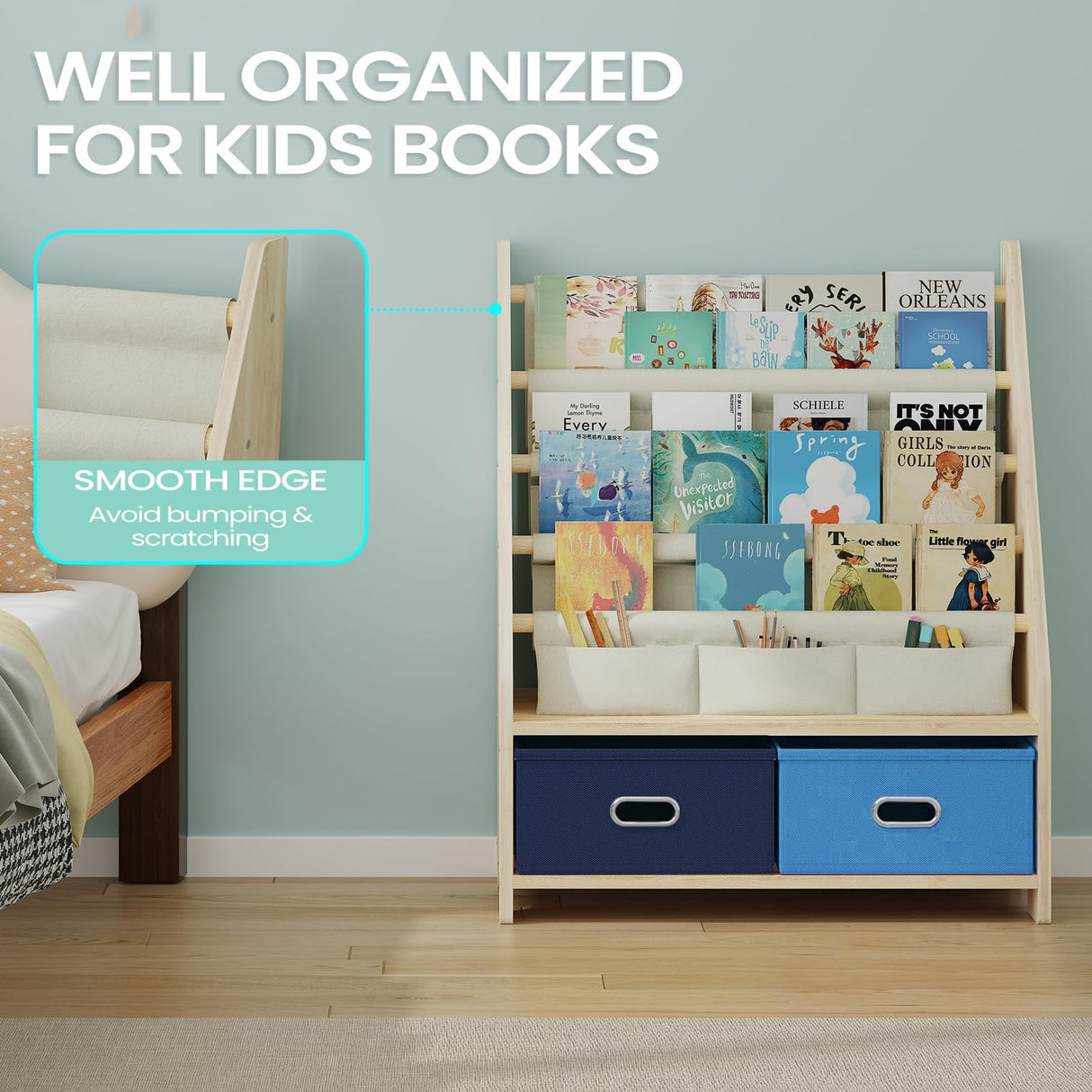 EXPERLAM 4 Tier Kids Book Shelf, Wooden Kids Book Rack Storage Bookshelf with Toy Storage Organizer, Toddler Sling Bookshelf for Boys, Girls, Kids Room, Blue EXPERLAM
