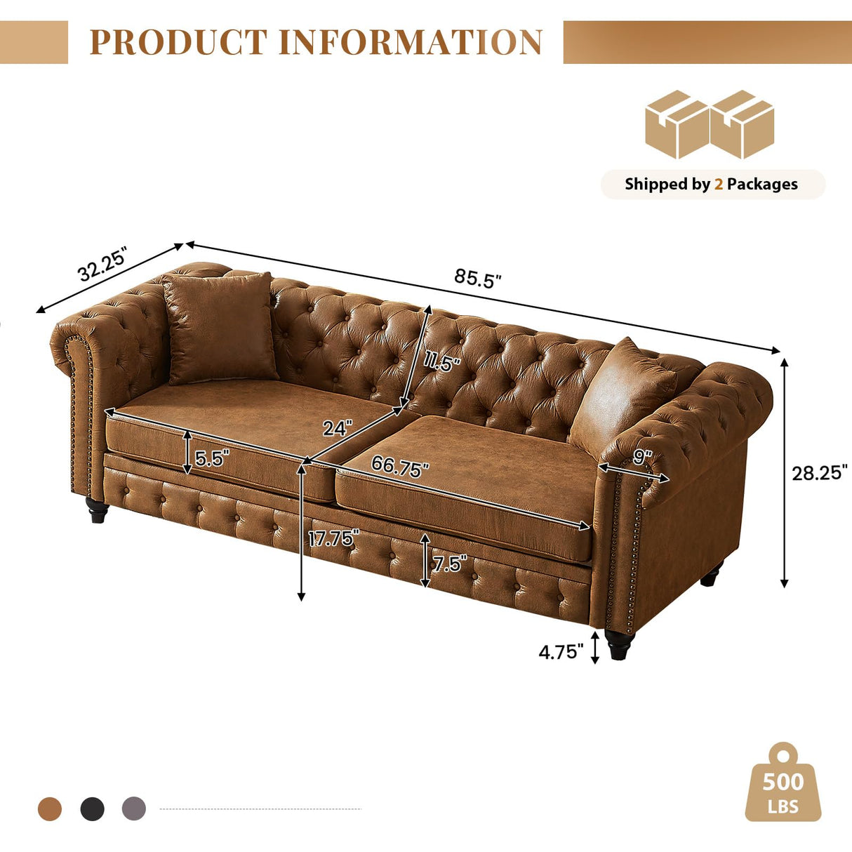 Modern Chesterfield Sofa Couch, 85.5-inch Tech Fabric 3-Seater Sofa with Rolled Arms and Tufted Button for Living Room, Office, Brown Antetek