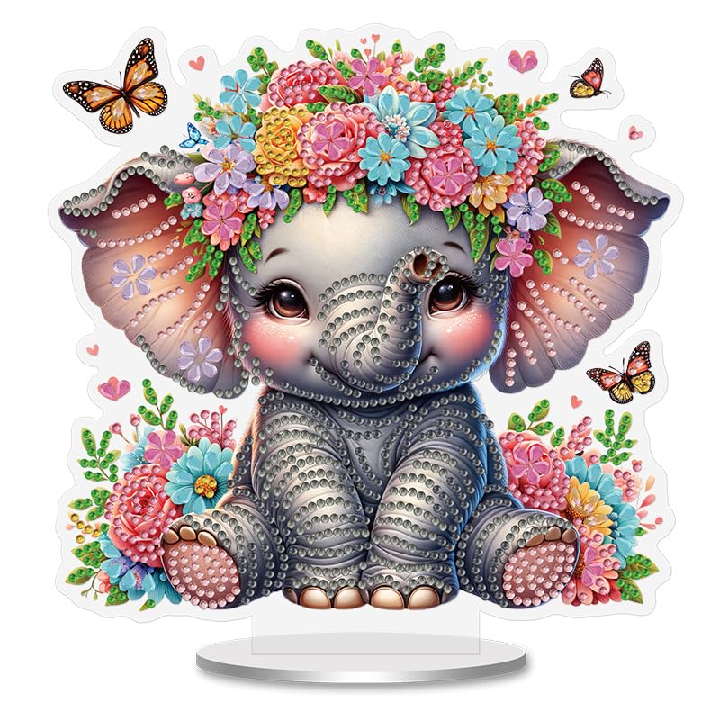 Elephant with Butterflies and Flowers Diamond Painting Desktop Ornament Kit, 5D DIY Acrylic Crystal Special Shaped Tabletop Diamond Art Home Decor for Adult (ZS15) Generic