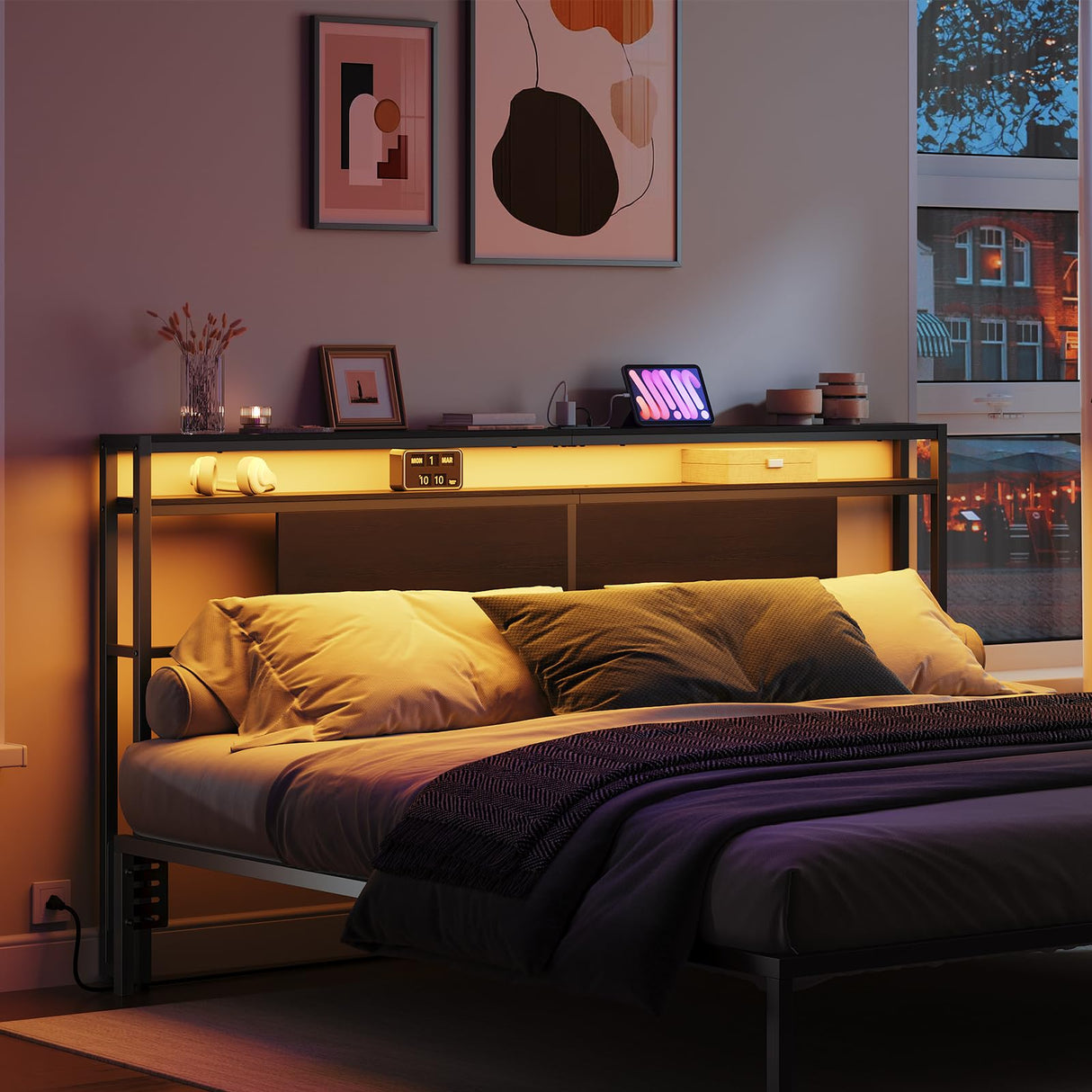 YATINEY King Size Headboard, Headboard with Light and Outlets, Headboard with 2 Storage Shelves, Storage Rack, Adjustable Height, Sturdy and Stable, Easy Assembly, Black YATINEY