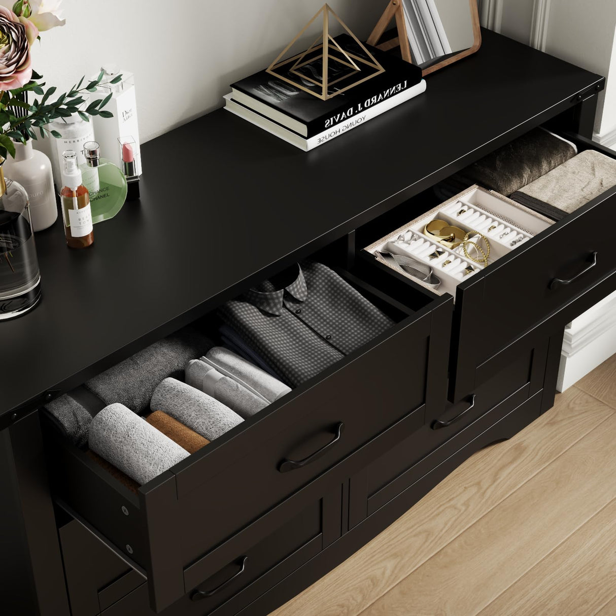 Loomie Farmhouse 6 Drawers Double Dresser for Bedroom, Modern White Dresser Chest of Drawers, Wide Dressers Organizer, Accent Storage Cabinet for Closet, Living Room, Hallway, Black Loomie