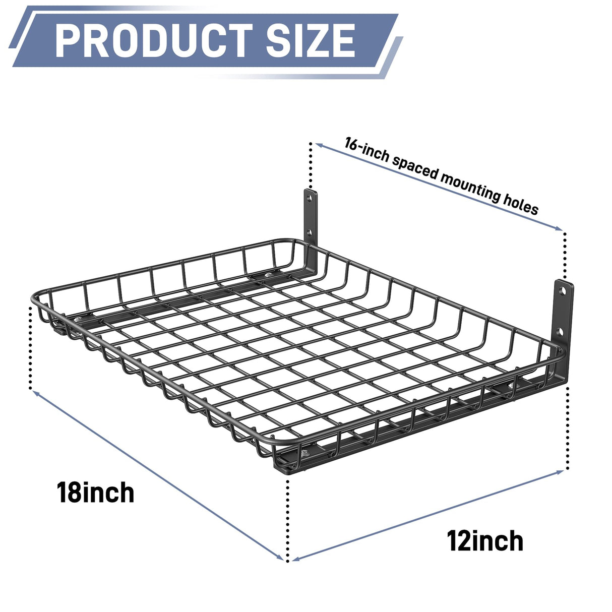 WALMANN Garage 12x18 inch Wall Shelf, Wall-Mounted Storage Shelves for Garage, Closet, Laundry Room, Heavy Duty Wall Shelving, Holds Up to 60 lbs(Pack of 2, Black) WALMANN