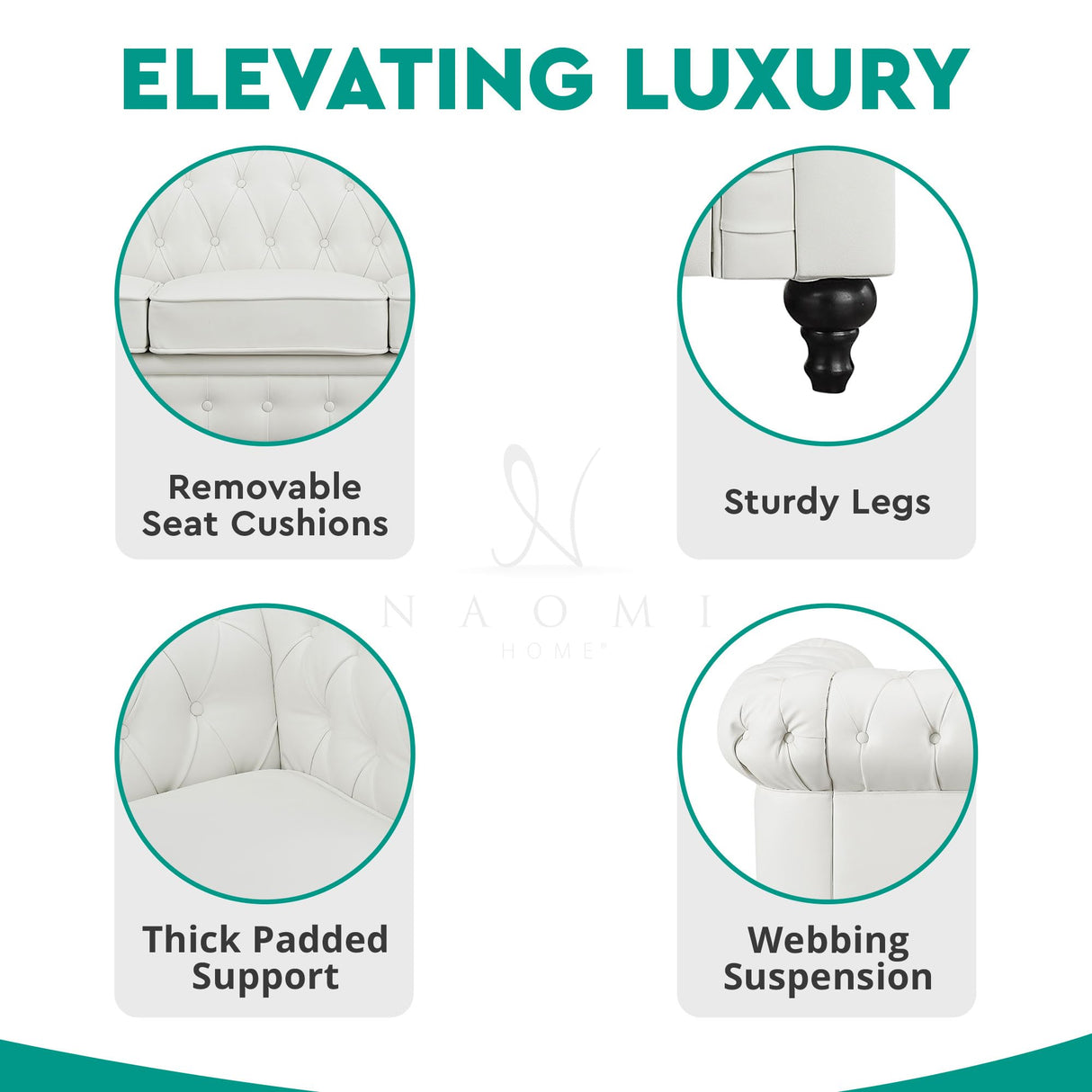 Naomi Home Emery Chesterfield Sofa with Rolled Arms, Tufted Cushions / 3 Seater Sectional Sofa Couch for Small Spaces, Living Room, Bedroom, Apartment Easy Tool-Free Assembly – Off White Naomi Home