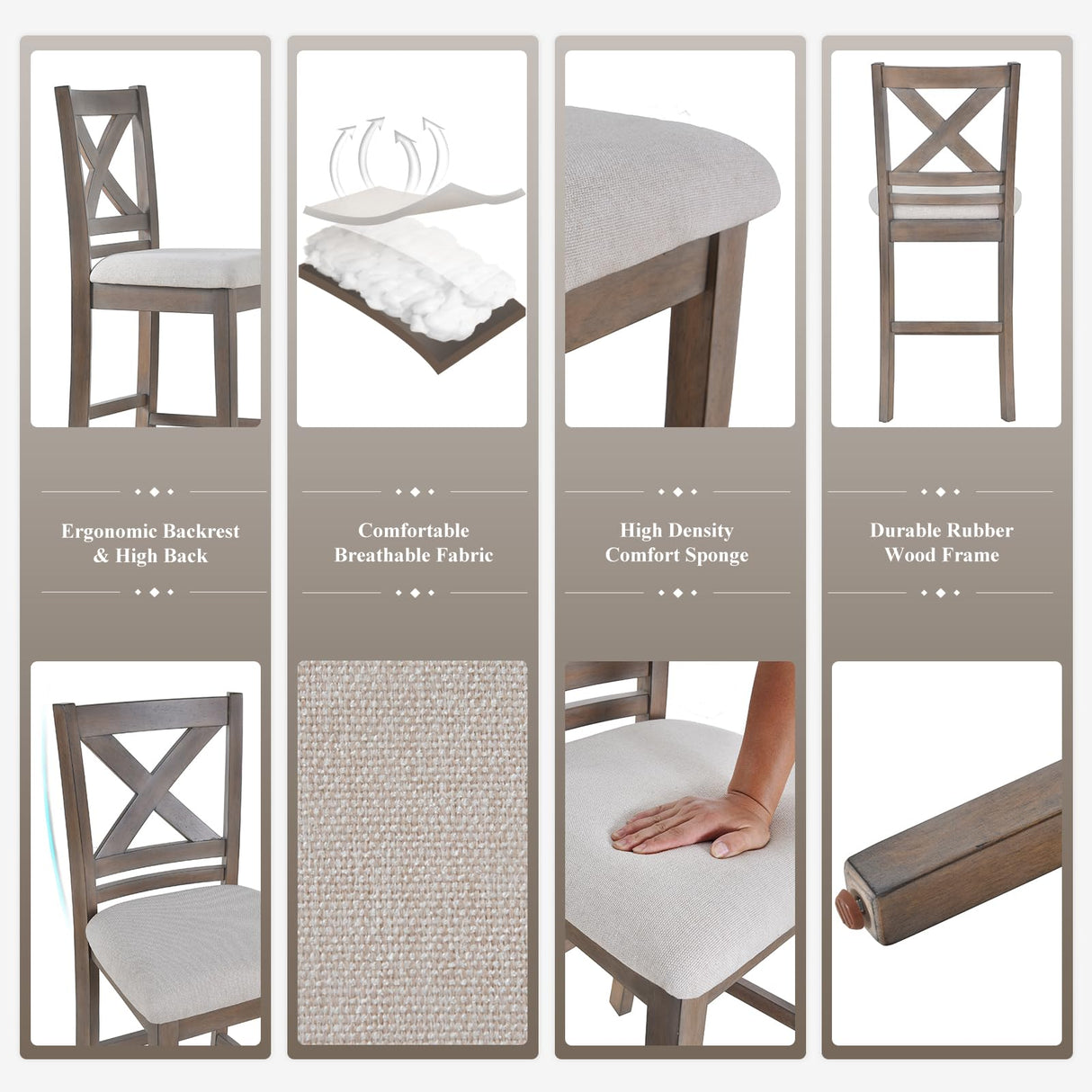 COLAMY Wooden Bar Stools Set of 2, Counter Height Bar Stools, Mid Century Modern Bar Stools with Backs, 25 Inch Upholstered Fabric Wooden Barstools for Kitchen Island Dining Room Bar, Light Brown Wash COLAMY