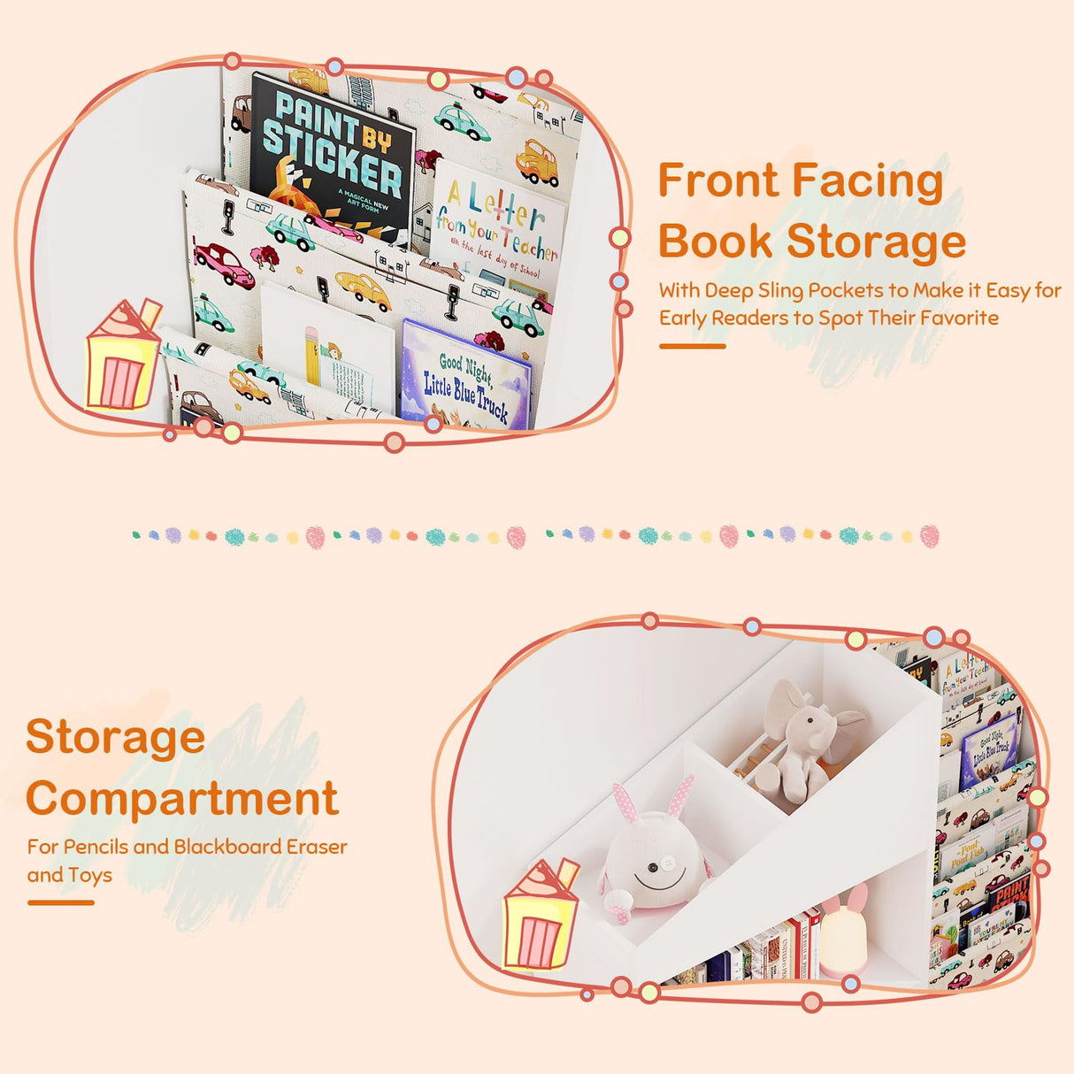 HedoAjim 2-Tier Sling Bookshelf with Blackboard & Storage for Kids HedoAjim