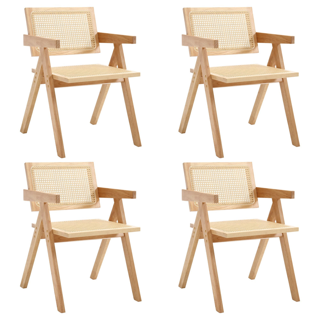KCC Rattan Dining Room Chairs Set of 4, Comfy Modern Solid Wooden Boho Cane Kitchen Armchairs with Breathable Mesh Rattan Back and Seat for Restaurant/Kitchen/Living Room(Natural) KCC