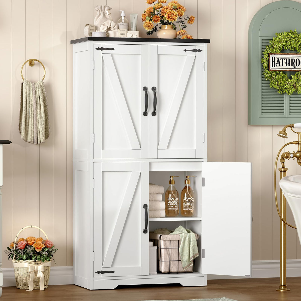 TEENFON Farmhouse Storage Cabinet with 2 Adjustable Shelves, Bathroom Cabinet with 4 Doors, Kitchen Cabinets, Cupboard for Kitchen, Living Room, White TEENFON