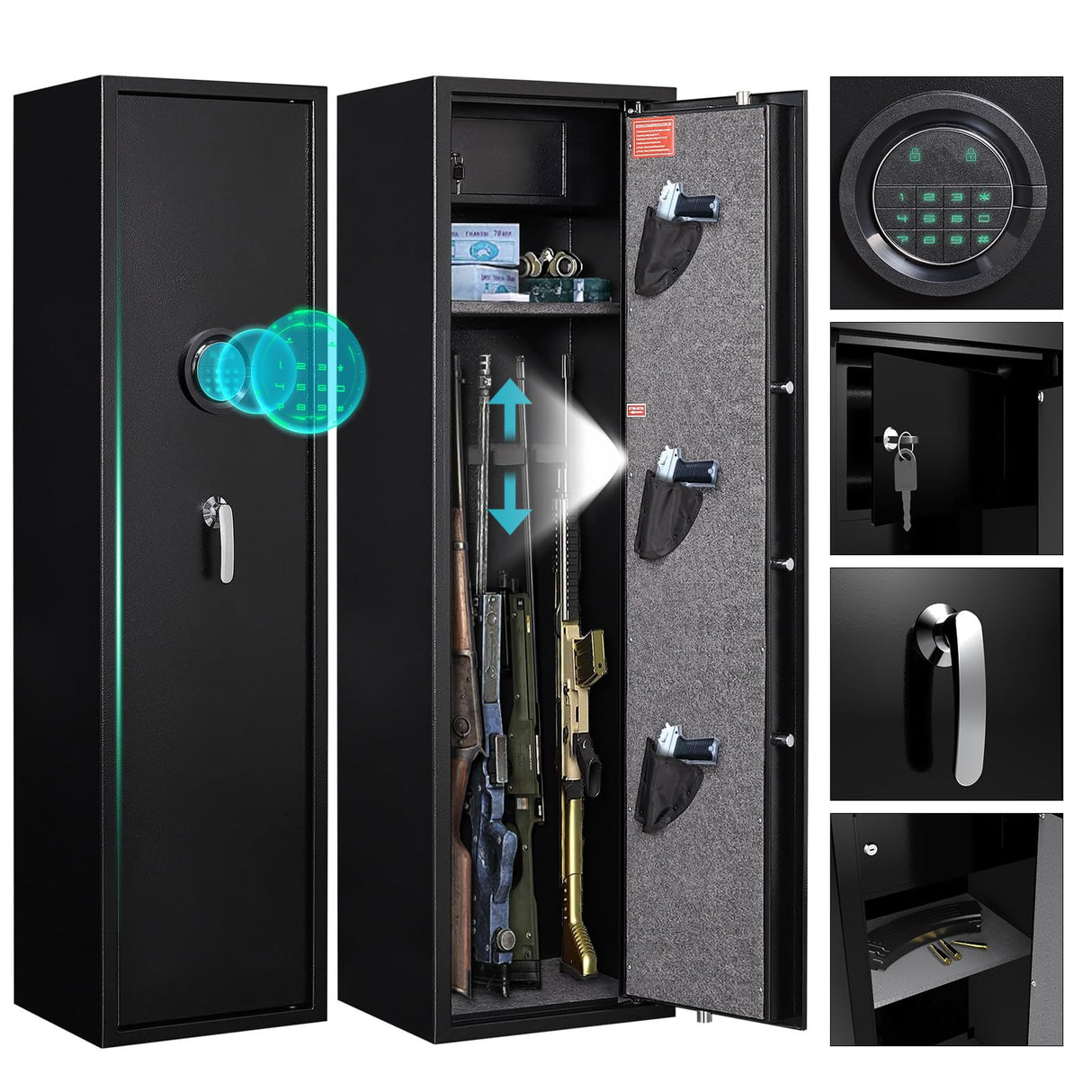 HEANVO 5 - Gun Safe Rifle, Long Gun Safe for Home Rifle and Pistols, Gun Safes & Cabinets with Drawer and Removable Shelf, Cabinet with Mute Function, Rifle Safe with LED Light HEANVO
