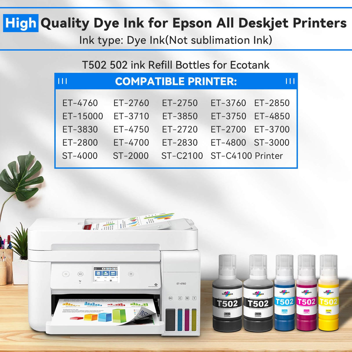 Compatible for Epson 502 Ink Refill Bottles for Ecotank ET-3760 ET-2850 ET-3850 ET-2760 ET-15000 ET-4760 ET-4850 ET-2750 ET-3750 ET-3830 Printers, Compatible for Epson 502 Ink (BK Pigment, C M Y Dye) SUBLIMAKER