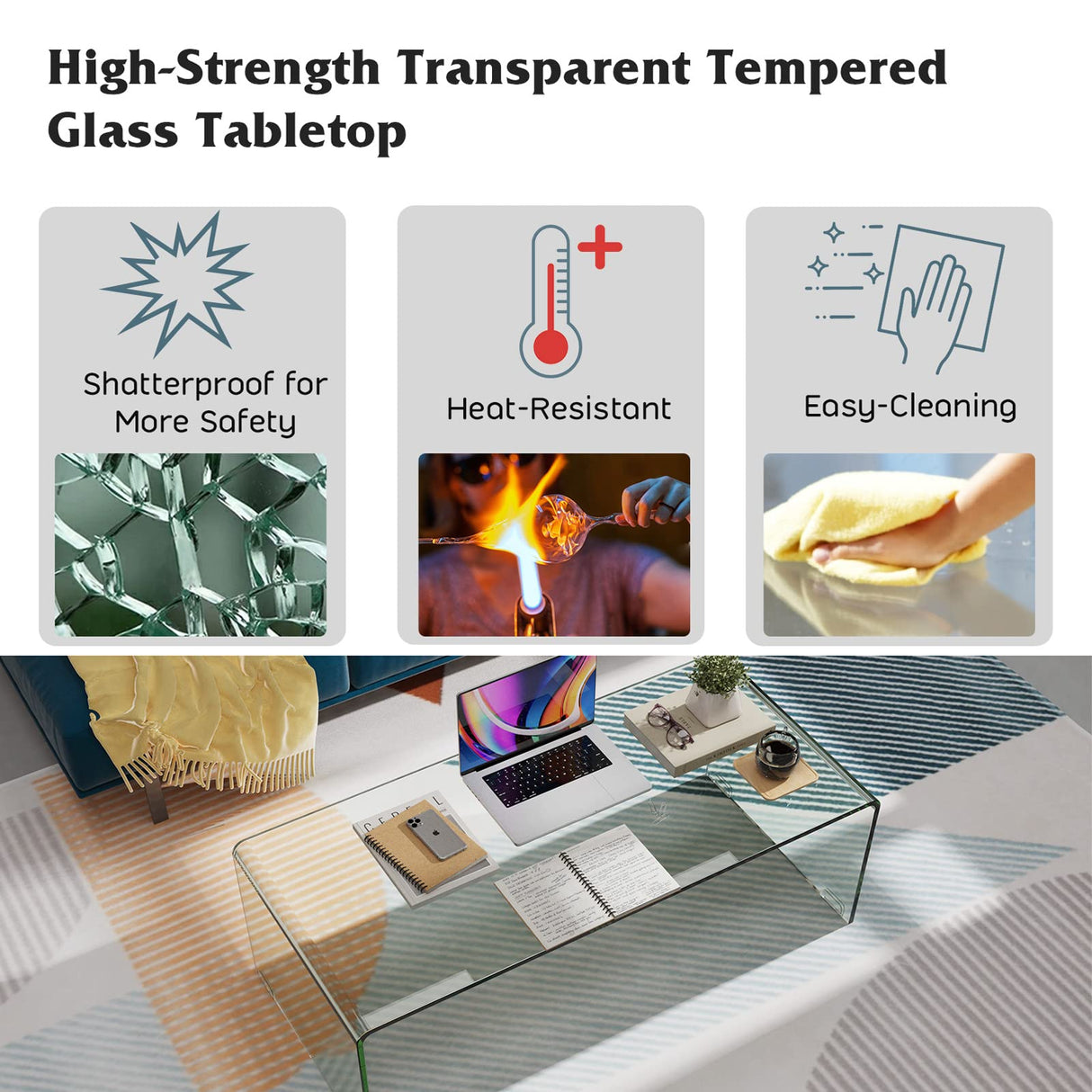 Tangkula Glass Coffee Table, 42.5" L × 20" W ×14" H, Modern Home Furniture, Clear Tempered Glass End Table, International Occasion Tea Table, Waterfall Table with Rounded Edges (Clear) Tangkula