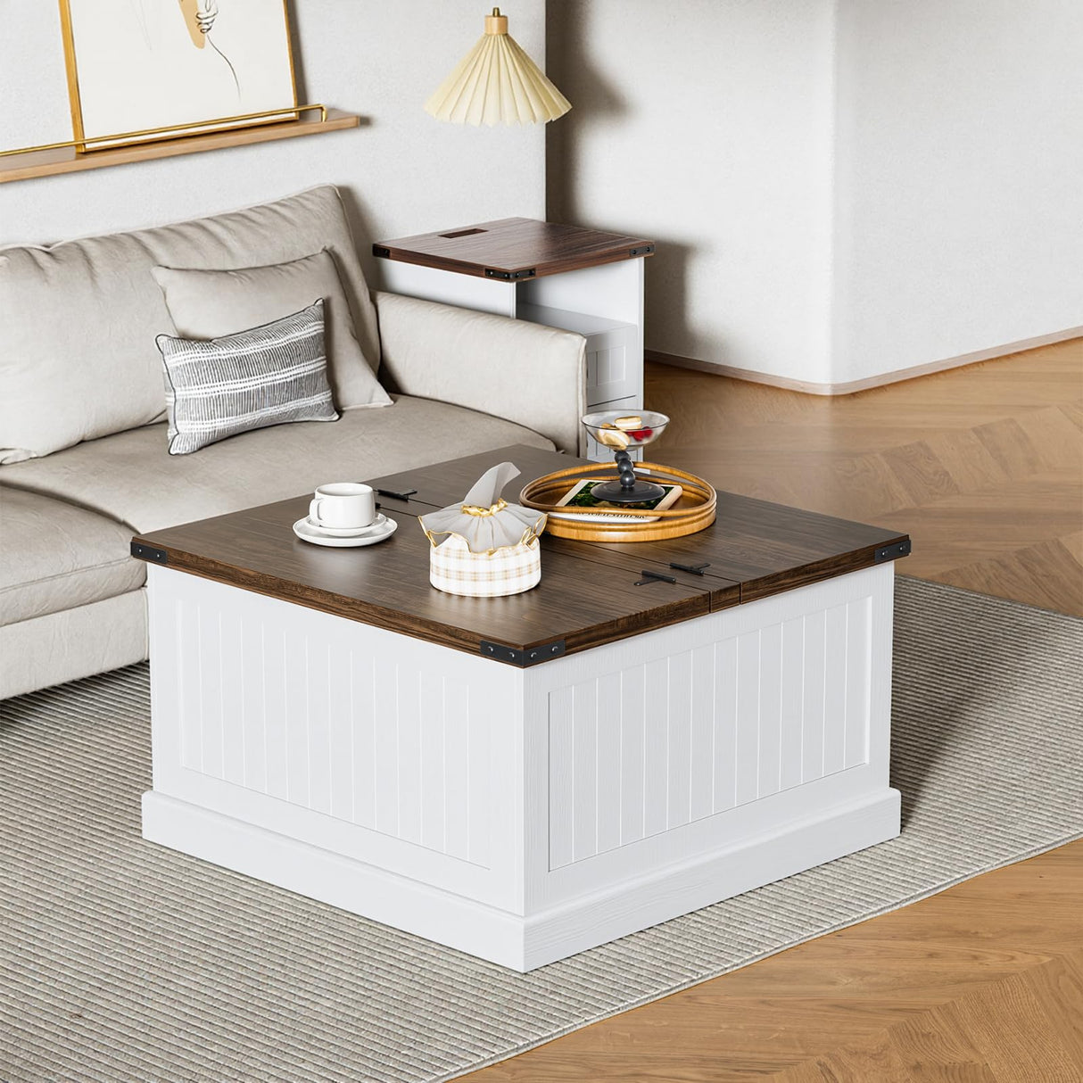 AntsandAnts Farmhouse Coffee Table with Storage, Square Wood Coffee Tables for Living Room, Large Center Table with Flip-Top Lid, 31.5 Inch (White and Rustic Brown) AntsandAnts