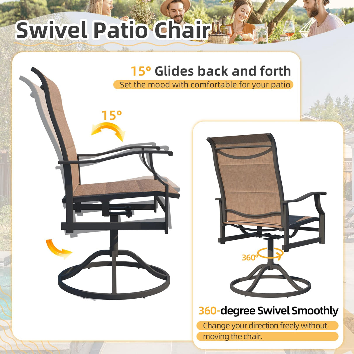 7-Piece Outdoor Patio Dining Set with 6 Swivel Rocker Chairs, Rectangular Metal Table with Umbrella Hole, 6-Person Patio Table and Chairs furniture for Backyard, poolside, Balcony and Garden Brown BUPPLEE