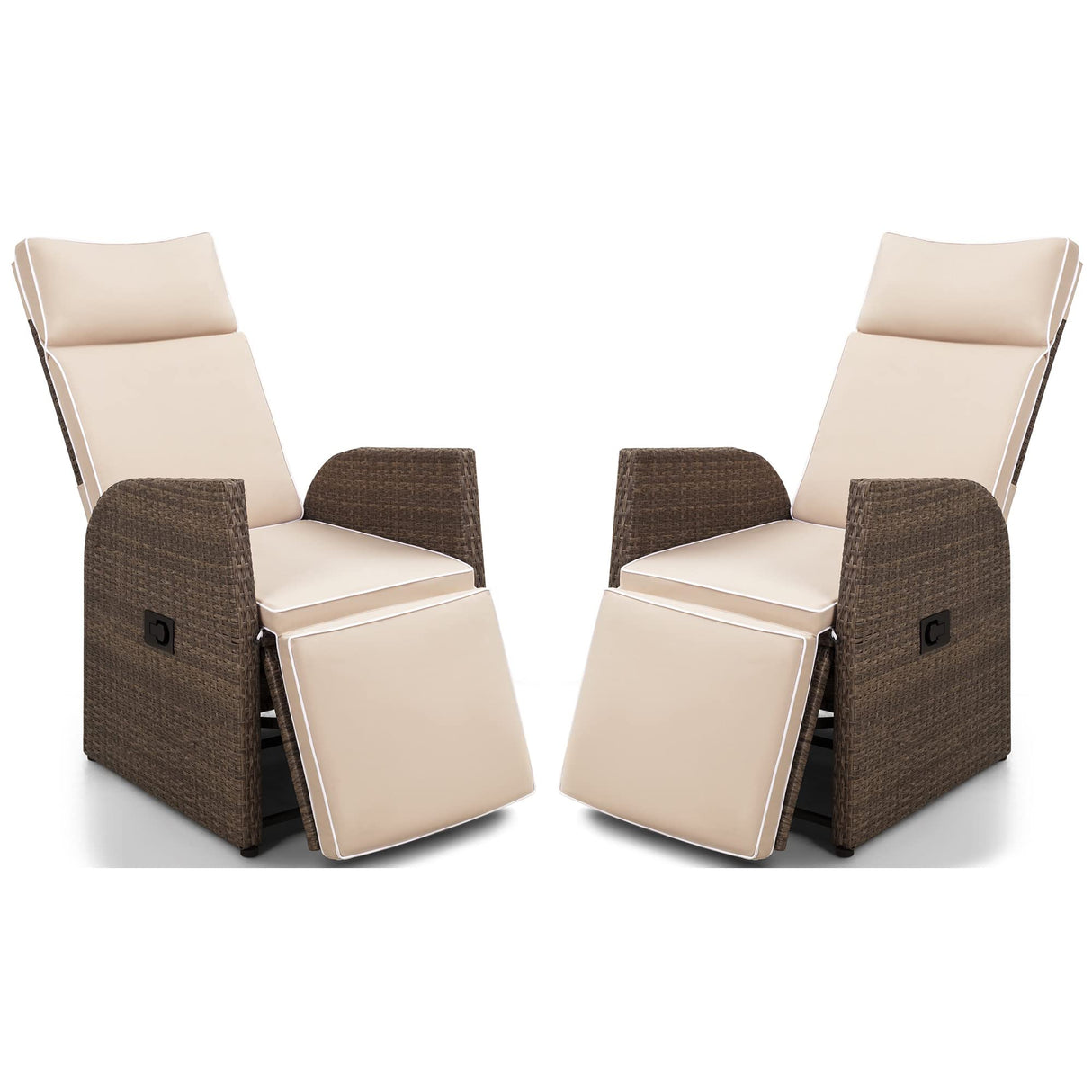 Greesum Patio Recliner All-Weather Wicker Lounge Chair with Flip-up Side Table(Set of Two), Beige Greesum