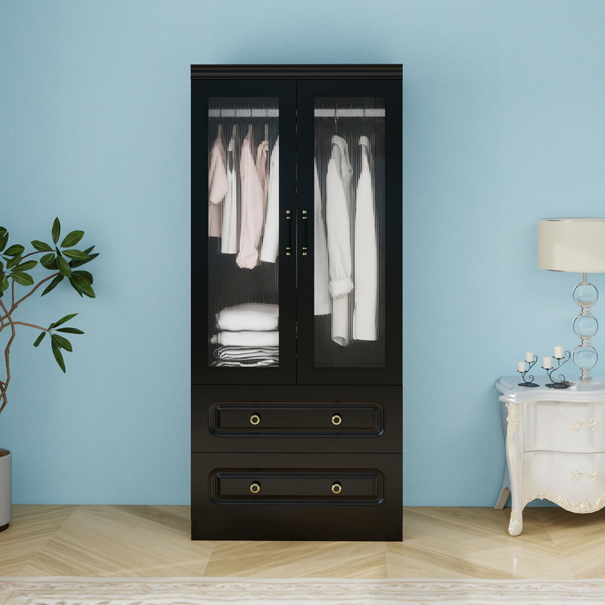 Keloyid Modern 2 Door Armoire Wardrobe Closet with Glass Door, 2 Drawers, Hanging Rod & Shelves, Black, 20.47 x 31.49 x 70.86 inches, Bedroom Keloyid
