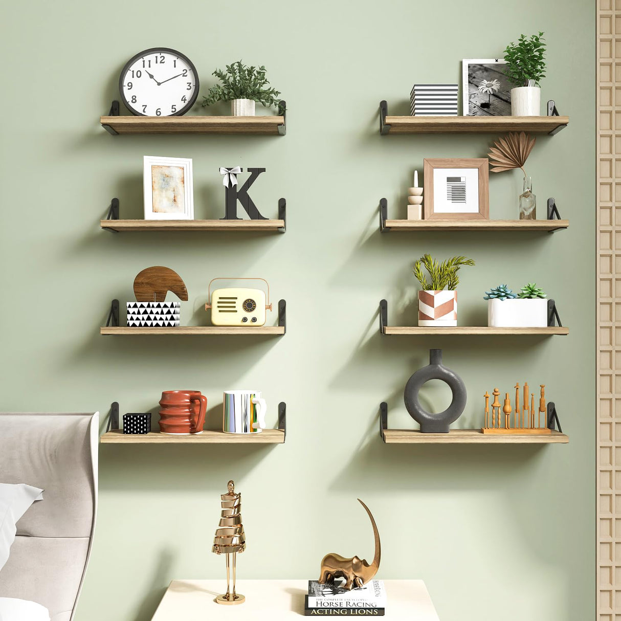 Fixwal Floating Shelves Width 4.7in Rustic Wood Wall Shelves Set of 8, Wall Shelves for Bedroom, Living Room, Kitchen, Bathroom, Office Decor and Plants Display (Carbonized Black) Fixwal