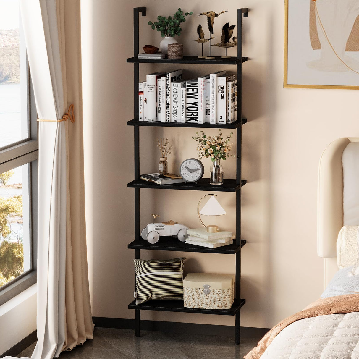 aboxoo Ladder Shelf Open 5-Tier Bookshelf Wall-Mounted Black Wood Bookcase Storage Rack Open Industrial Modern Plant Stand Utility Organizer Bookcase Metal Frame Furniture Office Bedroom aboxoo
