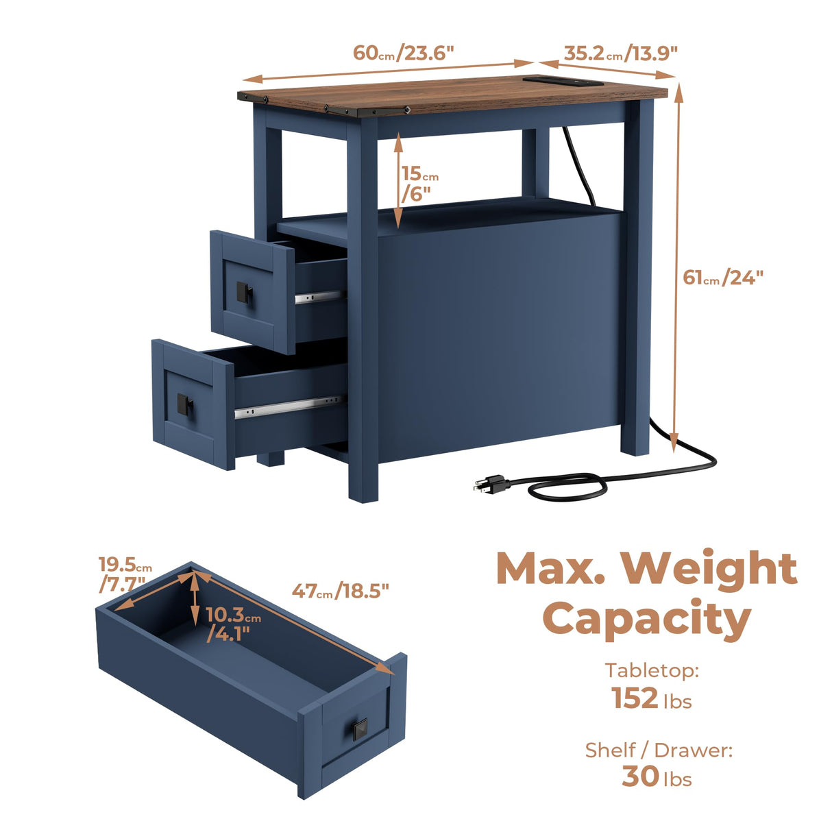 VVFLU Farmhouse End Table with Charging Station and 2 Storage Drawers, Blue Wood Nightstand Narrow, Skinny Side Table Rustic, Slim Bedside Table, Open Shelf, Small for Bedroom, Living Room, Sofa VVFLU