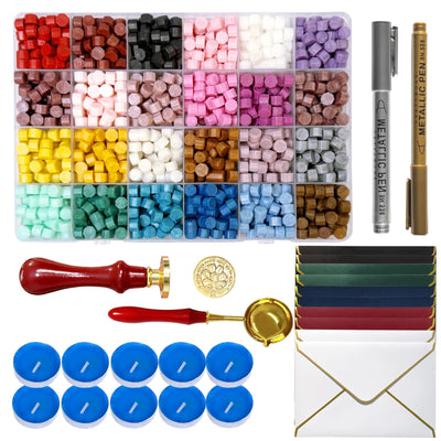 Wax Seal Kit, 24 Colors Wax Sealing Beads,Stamp, Spoon, Metallic Pen,Envelope,Candles for Wedding Birthday Gift and DIY Craft