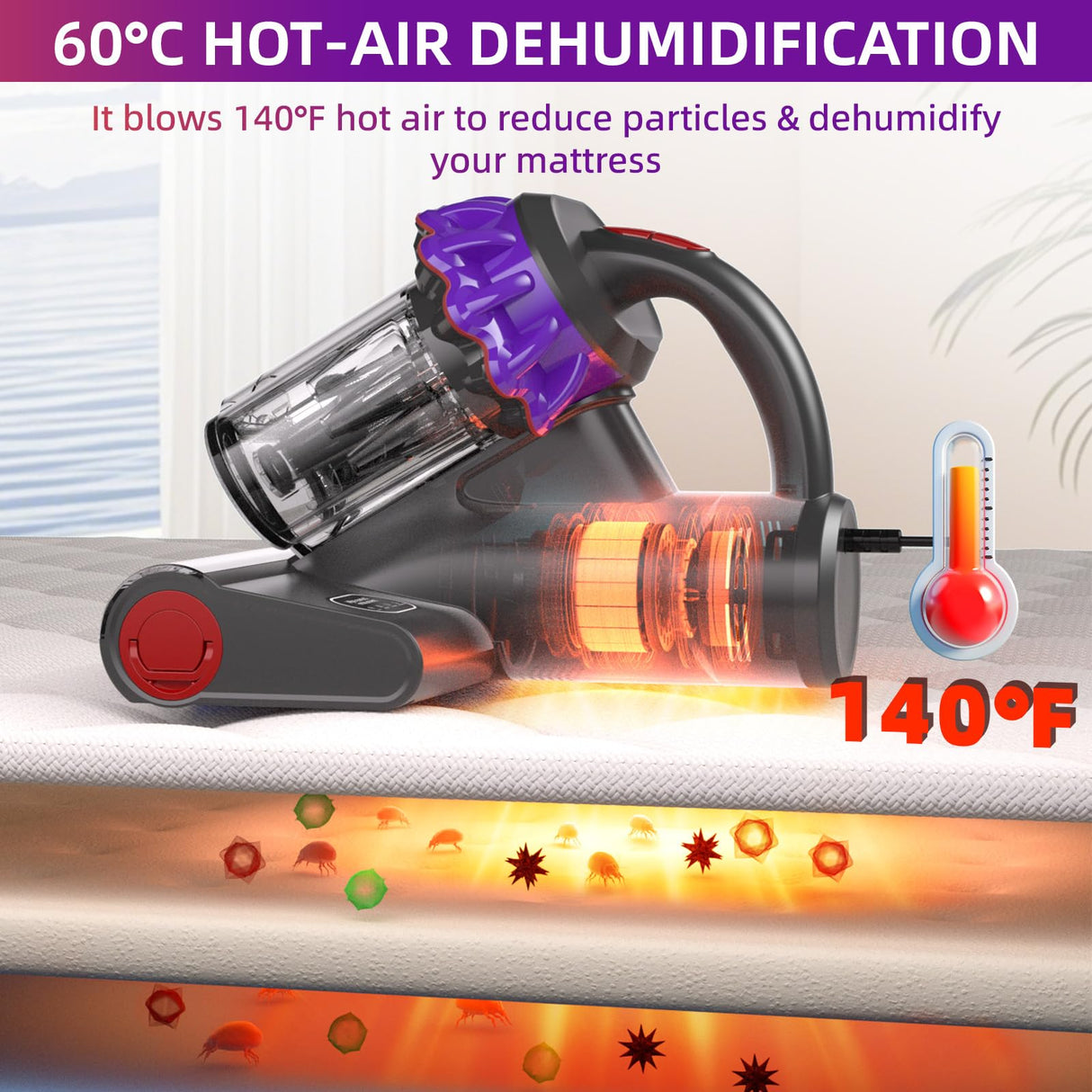 Kimdog Mattress Vacuum Cleaner 16Kpa Bed Vacuum with 253.7nm UV-C Light,140°F Heat & HEPA Filter,500W Powerful Handheld Upholstery Vacuum for Couch,Sofa & Pet Kimdog