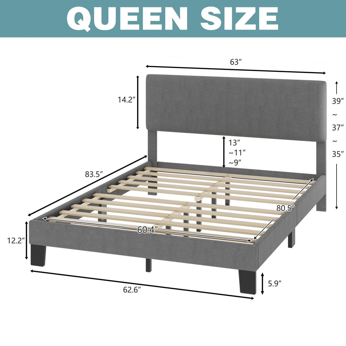 Lifezone Queen Bed Frame with Headboard,Linen Upholstered Bed Frame with Wood Slats Support,No Box Spring Needed,Heavy Duty Feet,Easy Assembly,Light Grey Lifezone